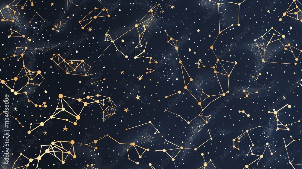 Wall mural a seamless pattern of constellations and stars on a dark blue background.