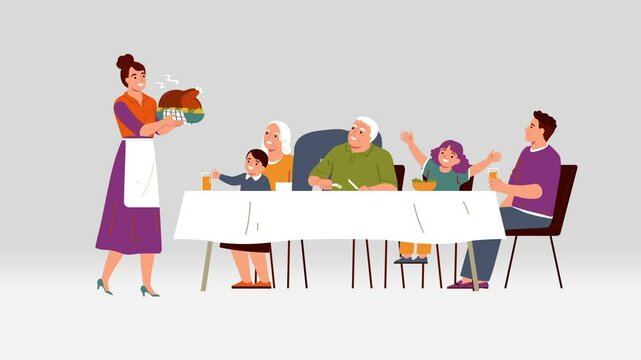 2d animation of people prepare to eat food in thanksgiving, vertical video HD