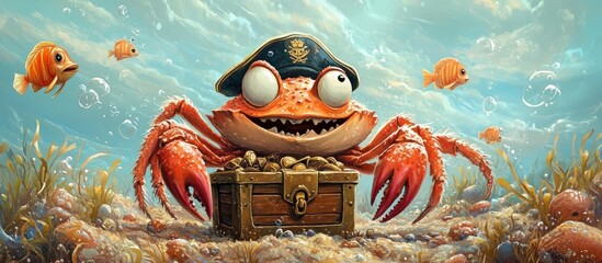 Naklejka premium A cheerful cartoon crab wearing a pirate hat stands next to a treasure chest full of gold, with fish swimming around him.