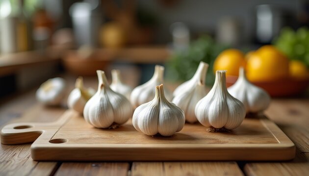 A wooden cutting board with seven garlic bulbs on a kitchen counter