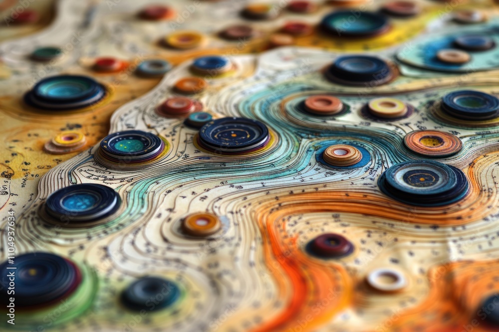 Poster abstract topographic map with colorful circles and lines.