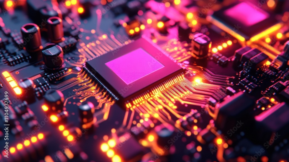 Poster a close-up shot of a computer chip on a circuit board, illuminated with bright lights.