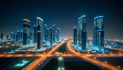 Obraz premium Cityscape at night with glowing skyscrapers and illuminated roads