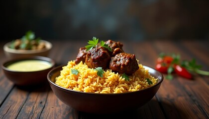 Rice dish with meatballs, garnish, and accompaniments on wooden table