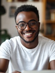 Happy smiling African American mixed race adult student having virtual meeting with diverse people online call elearning webinar at home office writing notes. Video e learning conference call on pc.