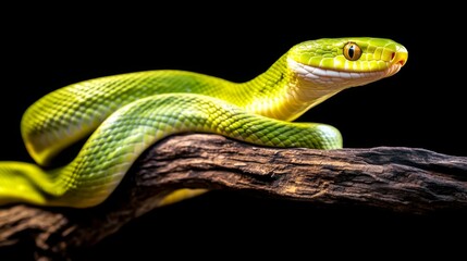 Obraz premium Close-up green snake coiled up branch facing towards
