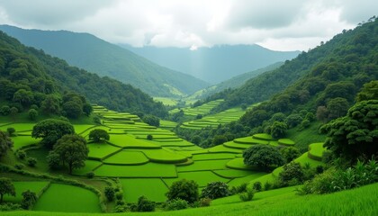 Fototapeta premium Lush green rice terraces in a valley surrounded by mountains