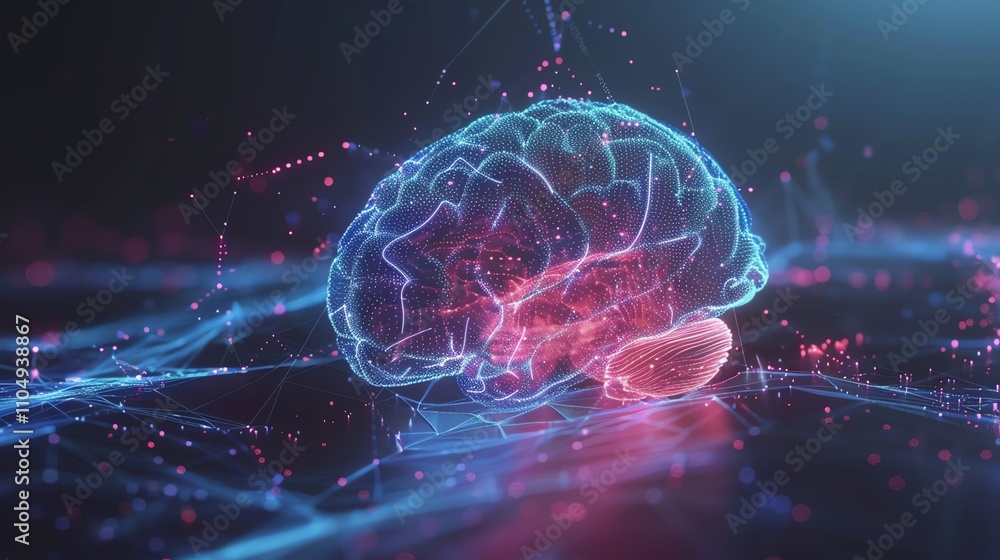 Poster an abstract digital rendering of a brain with a glowing network of lines and dots.