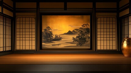 Empty room wooden flooring large windows left side A vintage Japanese room