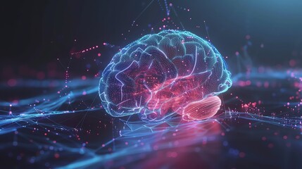 An abstract digital rendering of a brain with a glowing network of lines and dots.