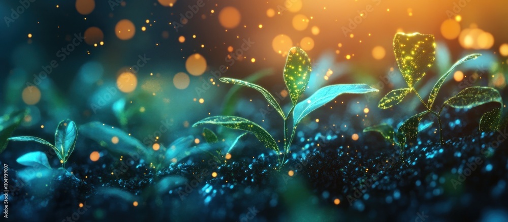 Poster close-up of green sprouts growing out of the ground with a bokeh background of glowing lights.