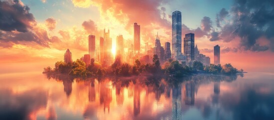 A city skyline with skyscrapers reflecting in the water at sunrise.