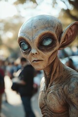 Alien-like figure, gray skin, large eyes, outdoors.