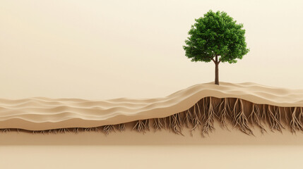 3D rendering of tree on sand dunes, showcasing roots beneath surface