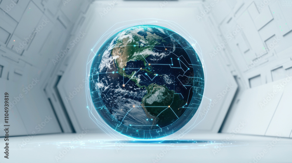 Poster 3d rendering of earth inside energy shield with digital lines