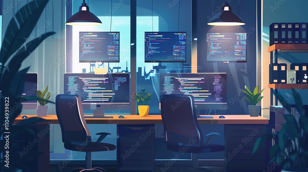 Poster a cartoon illustration of a desk with two computers showing lines of code, surrounded by plants and 