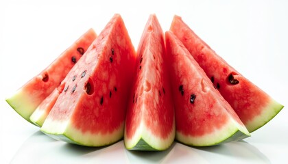 Red juicy watermelon slices on white surface
