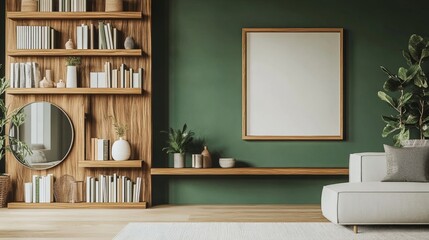 Modern living room green wall wooden shelves left