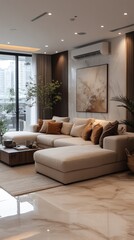 Modern Beige Living Room Interior Design With Large Sectional Sofa