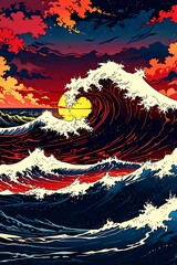 Japanese great wave sea Japan art design in a vintage  style