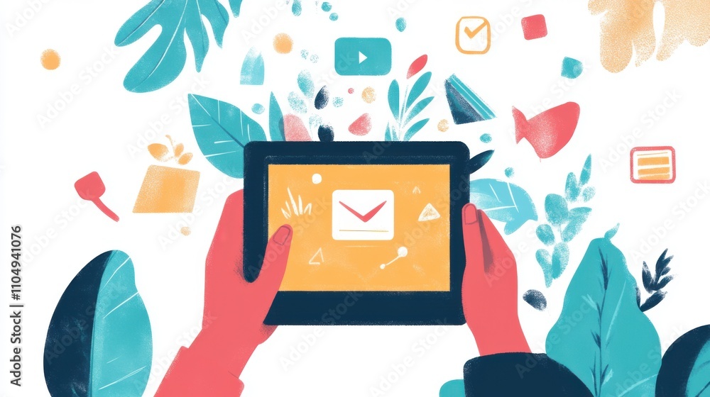 Poster person using a tablet for an online course with internet icons floating around,
