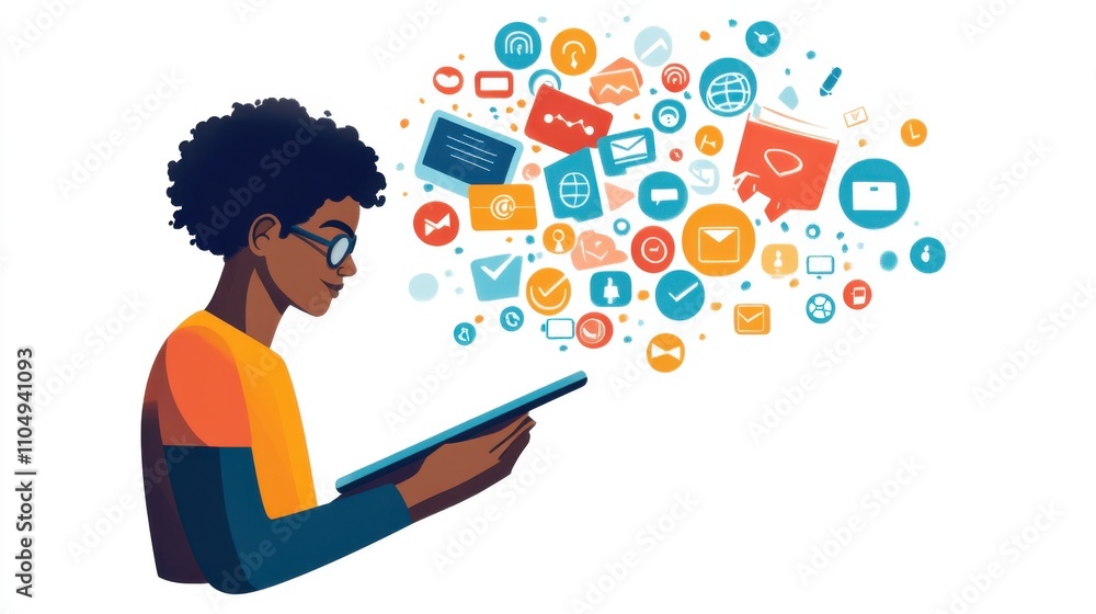 Poster person using a tablet for an online course with internet icons floating around,