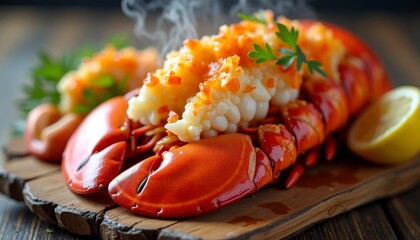 Steamed lobster with lemon, garlic, & herbs on cutting board