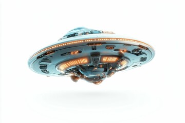Futuristic craft, metallic, glowing lights, white background.