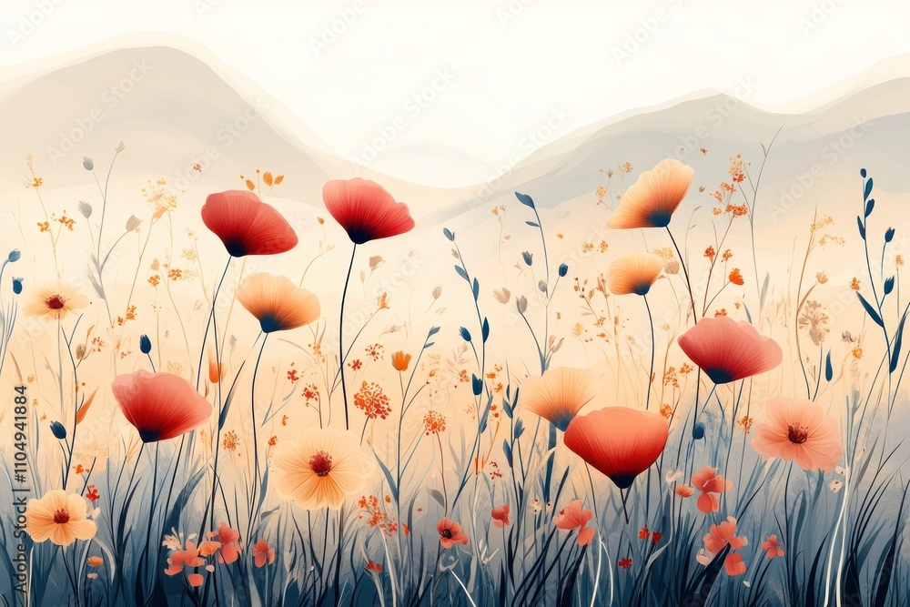 Poster a field of red and yellow flowers in the foreground with hazy mountains in the background.
