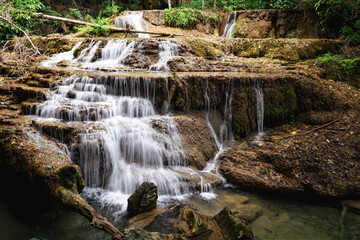 Landscape view of Erawan waterfall Kanchanaburi Thailand. Erawan National Park is most popular falls in Thailand.