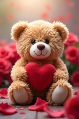Tender Teddy Bear Holding Heart Among Scattered Rose Petals