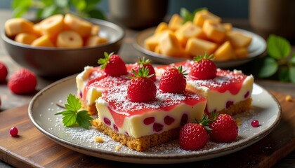 Delicious strawberry cheesecake slices on plate