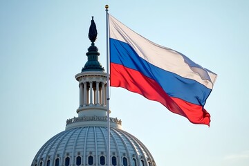 A majestic Russian flag proudly waves above the majestic dome of the Capitol 