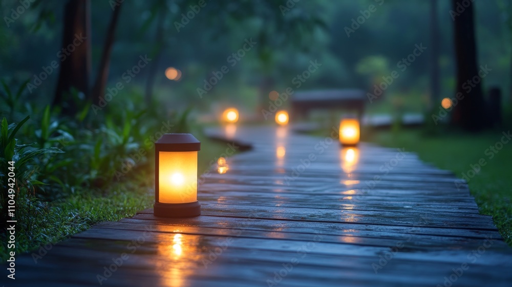 Poster nighttime pathway with lanterns illuminating a serene environment