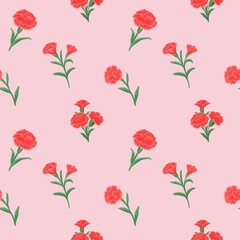 Seamless pattern with Red carnations On red background