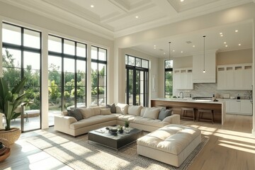 Modern Living Room With Open Kitchen and Abundant Natural Light