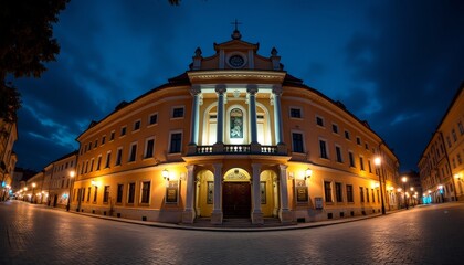 Naklejka premium Brightly lit yellow building; Tall clock tower with cross; Elegant pillars on grand