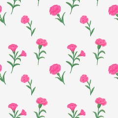 Seamless pattern with pink carnations On white background On white background