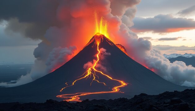 Majestic volcano eruption at sunset; Red lava flowing down black mountain; Stormy sky