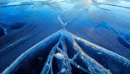 氷の表面に広がる微細な亀裂と気泡、青い透明感が幻想的に輝く

