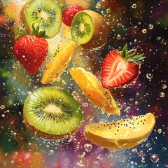 Refreshing Fruit Splash with Vibrant Droplets and Lush Blur Background