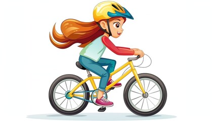 Fototapeta premium A cartoon illustration of a girl riding a bicycle wearing a helmet.