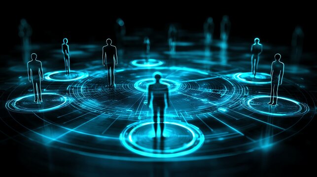 Futuristic digital network connecting silhouetted figures in a virtual space with glowing interface.