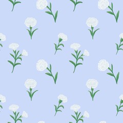 Seamless pattern with white carnations On blue background