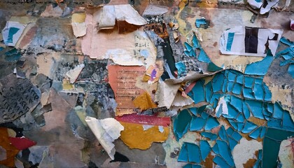 Fototapeta premium 剥がれたポスターの層、古い文字と色がランダムに見える歴史的な瞬間 