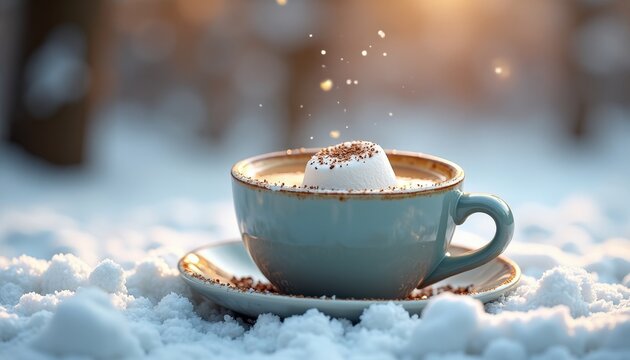 Coffee with marshmallow topping on snowy surface - Powered by Adobe
