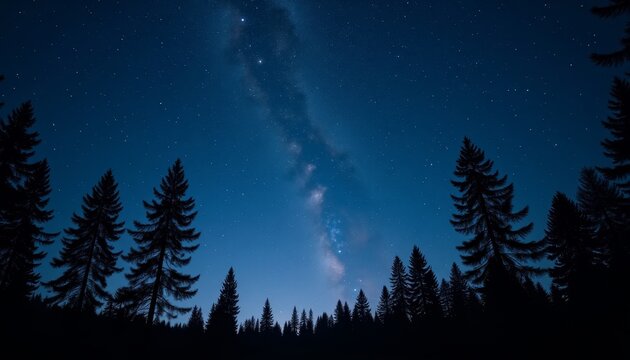 Dark night sky filled with stars over silhouetted pine trees