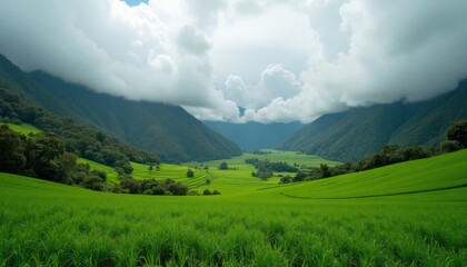 Fototapeta premium A serene landscape of a lush valley with rolling hills, surrounded by majestic mountains and adorned with fluffy clouds in
