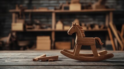 Obraz premium Handcrafted rocking horse, midconstruction in a vintage workshop, nostalgic craftsmanship