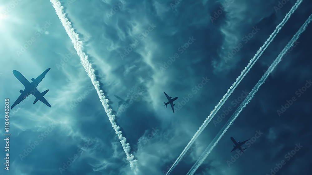 Poster multiple airplanes fly in a blue sky with clouds and contrails.